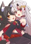  2girls absurdres animal_ear_fluff animal_ears bell black_hair black_sleeves blush center-flap_bangs commentary cowboy_shot detached_sleeves fang hair_bell hair_bun hair_ornament highres hololive hug jingle_bell long_hair looking_at_viewer multicolored_hair multiple_girls nakiri_ayame nakiri_ayame_(1st_costume) one_eye_closed oni ookami_mio open_mouth red_eyes red_hair roboro935672 skin_fang smile streaked_hair symbol-only_commentary virtual_youtuber white_hair wolf_ears wolf_girl yellow_eyes 