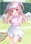  1girl :d armpits artist_name bare_shoulders blurry blurry_background blush breasts collared_dress commission depth_of_field dress eyebrows_hidden_by_hair feathered_wings frills hair_ornament hands_up happy highres holding_tennis_racket long_hair looking_at_viewer medium_breasts original outstretched_arms pink_eyes pink_footwear pink_hair pink_ribbon pleated_dress racket ribbon shoes skeb_commission sleeveless sleeveless_dress smile sneakers socks solo sportswear standing standing_on_one_leg sugutsuka_rerun tennis_racket tennis_uniform two_side_up v white_dress white_headwear white_socks white_wings wings 