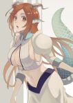  1girl absurdres bare_shoulders bleach bleach:_sennen_kessen-hen breasts brown_eyes chinese_zodiac cleavage cleavage_cutout clothing_cutout commentary_request cowboy_shot cropped_shirt dragon_ears dragon_girl dragon_horns dragon_tail floating_hair highres horns inoue_orihime juliet_sleeves kemonomimi_mode large_breasts long_hair long_sleeves looking_at_viewer navel official_alternate_costume open_mouth orange_hair parted_bangs puffy_sleeves shirt sleeveless sleeveless_shirt solo sumire_1046 tail tail_raised very_long_hair white_shirt year_of_the_dragon 