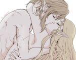  1boy 1girl blonde_hair closed_eyes completely_nude couple earrings face-to-face facing_another hetero hug jewelry kiss leaning_back leaning_forward leaning_on_person link lipstick long_hair makeup multiple_scars nude pointy_ears princess_zelda profile scar simple_background teraichigo the_legend_of_zelda twitter_username underwear white_background 