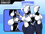 2023 android big_breasts black_body black_hair blue_background breasts dialogue drone dronification duo exclamation_point female hair haydee haydee_(game) hi_res humanoid machine multicolored_body not_furry null_face rem_phase robot robot_humanoid simple_background standing thick_thighs twinning two_tone_body white_body
