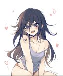  1girl black_hair blush breasts danganronpa_(series) danganronpa_v3:_killing_harmony ewa_(seraphhuiyu) genderswap genderswap_(mtf) hair_between_eyes heart highres long_hair looking_at_viewer medium_breasts multicolored_hair off_shoulder oma_kokichi open_mouth panties purple_eyes purple_hair simple_background solo striped_clothes striped_panties sweat tank_top twitter_username underwear white_background 