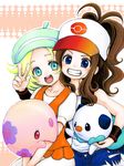  baseball_cap bel_(pokemon) blonde_hair blue_eyes brown_hair gen_5_pokemon green_eyes hat mariemon multiple_girls munna oshawott pokemon pokemon_(creature) pokemon_(game) pokemon_bw ponytail smile tegaki touko_(pokemon) 