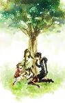  3girls black_hair bonanza brown_hair child family fate/zero fate_(series) green_hair hair_bobbles hair_kiss hair_ornament hair_ribbon highres long_hair matou_kariya matou_sakura mother_and_daughter multiple_girls ribbon short_twintails siblings sisters thighhighs toosaka_aoi toosaka_rin tree twintails younger 