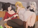  ahoge ass bag_of_chips barefoot bent_over black_hair black_pantyhose black_shirt blake_belladonna blonde_hair blue_eyes book breasts cleavage closed_mouth controller couch game_controller grey_eyes hair_dryer highres holding holding_book holding_controller holding_game_controller holding_hair_dryer indoors large_breasts long_hair long_sleeves looking_back medium_hair off_shoulder one_eye_closed open_book open_mouth pantyhose pillow playing_games purple_eyes reading ruby_rose rwby shirt sitting sleeveless sleeveless_shirt standing sweatdrop tank_top teeth tongue undressing wangxiii weiss_schnee white_hair white_shirt yang_xiao_long 