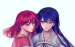  2girls akatsuki_no_yona an_lili bad_id bad_twitter_id blue_eyes blue_hair commentary_request earrings hair_between_eyes jewelry korean_commentary looking_at_viewer medium_hair multiple_girls purple_eyes red_hair simple_background upper_body white_background yona_(akatsuki_no_yona) yona_hyeon 