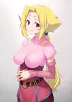  1girl absurdres belt blonde_hair blush breasts brown_belt closed_mouth collarbone detached_sleeves facial_mark fingernails fiona_(zoids) forehead_mark gradient_background grey_background highres kazuma_muramasa large_breasts long_hair looking_at_viewer pink_shirt pink_skirt ponytail red_eyes red_sleeves shirt simple_background skirt skirt_set smile solo zoids 