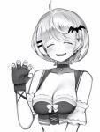  1girl :d ^_^ absurdres ahoge bare_shoulders bat_hair_ornament breasts choker claw_pose closed_eyes collarbone crop_top detached_sleeves dot_nose facing_viewer fang fingerless_gloves gloves greyscale hair_ornament hairclip hexagram highres hololive large_breasts light_blush looking_at_viewer monochrome nanashi_(nlo) open_mouth short_hair simple_background skin_fang smile solo virtual_youtuber yozora_mel yozora_mel_(1st_costume) 