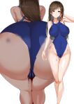  1girl absurdres ass bar_censor bare_shoulders blue_one-piece_swimsuit blush bodypaint breasts brown_eyes brown_hair censored cleft_of_venus collarbone commentary_request completely_nude highleg highleg_swimsuit highres idolmaster idolmaster_cinderella_girls kneepits large_breasts long_hair looking_at_viewer maruyaa_(malya1006) multiple_views navel nipples nitta_minami nude one-piece_swimsuit open_mouth pubic_hair simple_background stomach swept_bangs swimsuit thigh_gap thighs white_background 