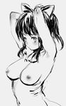  armpits arms_up blush bow breasts greyscale hair_bow hair_tubes hakurei_reimu large_breasts long_hair monochrome navel nipples nude papertiger solo touhou 