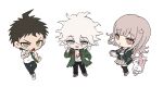  1girl 2boys :o ahoge backpack bag black_pants breasts brown_eyes brown_hair brown_skirt collared_shirt danganronpa_(series) danganronpa_2:_goodbye_despair diaper flipped_hair galaga green_jacket green_necktie hair_ornament highres hinata_hajime hood jacket komaeda_nagito long_sleeves looking_at_viewer medium_hair monomi_(danganronpa) multiple_boys nanami_chiaki neck_ribbon necktie open_clothes pants pink_bag pink_eyes pink_ribbon pleated_skirt print_shirt ribbon shirt skirt tahi-tai thighhighs torn_clothes torn_jacket two-tone_shirt white_shirt 