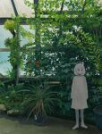  1girl arms_at_sides barefoot blue_eyes bob_cut closed_mouth colored_skin commentary day dress greenhouse highres indoors long_sleeves looking_at_viewer original plant potted_plant signature solo standing sugita_magari white_dress white_hair white_skin wide_shot 