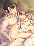  2boys absurdres akadashipopo ass bed_sheet black_hair blush brown_eyes brown_hair collar eiden_(nu_carnival) from_above hair_between_eyes half-closed_eyes hand_on_own_ass highres imminent_penetration indoors jewelry karu_(nu_carnival) leash light_censor looking_at_viewer male_focus multiple_boys multiple_scars necklace nipples nu_carnival nude on_bed open_mouth pectorals penis plant potted_plant scar sex_toy short_hair sitting sitting_on_lap sitting_on_person spiked_collar spikes sweat toned toned_male vibrator vibrator_on_nipple yaoi yellow_eyes 