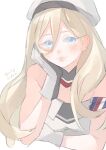  1girl beret blonde_hair blue_eyes dress gloves hair_between_eyes hat kantai_collection long_hair looking_at_viewer mole mole_under_eye mole_under_mouth multicolored_clothes multicolored_gloves one-hour_drawing_challenge richelieu_(kancolle) simple_background solo strapless strapless_dress suppaman_(rfjy) two-tone_gloves upper_body white_background white_dress white_headwear 