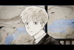  1boy abstract_background blonde_hair chromatic_aberration closed_mouth highres leaf looking_at_viewer looking_to_the_side mob_psycho_100 mong_120 monochrome portrait railing reigen_arataka short_hair solo spot_color wind wing_collar 