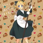  blonde_hair blue_eyes cake copyright_request food fork highres open_mouth piyodera_mucha solo spoon 
