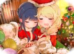  1other 2girls blanket blonde_hair blue_hair blush christmas christmas_ornaments christmas_tree closed_eyes commentary_request drooling facing_viewer fur-trimmed_jacket fur_trim hat heater highres idolmaster idolmaster_cinderella_girls indoors jacket long_hair mouth_drool multiple_girls open_mouth red_headwear red_jacket sajo_yukimi sakurano_rocco santa_costume santa_hat yusa_kozue 