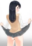 1girl amagami ass ayatsuji_tsukasa black_eyes black_hair blush bottomless censored closed_mouth clothes_lift cowboy_shot from_behind gradient_background grey_background grey_skirt highres kero320 kibito_high_school_uniform long_hair long_sleeves looking_at_viewer looking_back pleated_skirt profile pussy school_uniform shirt skirt skirt_lift solo straight_hair sweater_vest white_shirt yellow_sweater_vest 