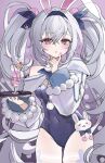  1girl animal_ears ass_visible_through_thighs azur_lane blue_leotard blue_ribbon blush breasts cocktail_glass covered_navel crossed_bangs cup drinking_glass drinking_straw fake_animal_ears food fruit groin hair_ribbon hands_up highres holding holding_tray laffey_(azur_lane) laffey_ii_(azur_lane) laffey_ii_(sleepy_on_a_busy_day)_(azur_lane) lemon lemon_slice leotard long_hair long_sleeves looking_at_viewer official_alternate_costume pantyhose parted_lips playboy_bunny rabbit_ears red_eyes ribbon small_breasts solo tray twintails white_hair white_pantyhose xin_hong 