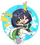  1girl ;d absurdres ass black_footwear black_hair blue_background blush breasts chibi chinese_zodiac cleavage cleavage_cutout clothing_cutout commentary_request dragon_girl dragon_horns dragon_tail dress drooling fang floral_background full_body gourd green_dress green_eyes hair_between_eyes headphones headphones_around_neck highres horns kyoumachi_seika large_breasts milkpanda mouth_drool nose_blush notice_lines one_eye_closed pelvic_curtain round_image shoes sleeveless sleeveless_dress smile solo tail thighhighs voiceroid white_thighhighs year_of_the_dragon 