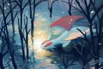  bare_tree closed_eyes fangs happy highres mokuzou_(moku_ssbu) no_humans outdoors partially_submerged pokemon pokemon_(creature) salamence signature smile snowing solo tree water 