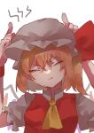 1girl absurdres ascot blonde_hair closed_eyes dress flandre_scarlet frills hand_up hat highres horns_pose medium_hair mob_cap pout red_dress simple_background solo touhou upper_body user_pxaw4585 white_background yellow_ascot 
