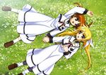  absurdres blonde_hair brown_hair fate_testarossa hashimoto_takayoshi highres holding_hands long_hair lying lyrical_nanoha mahou_shoujo_lyrical_nanoha mahou_shoujo_lyrical_nanoha_a's mahou_shoujo_lyrical_nanoha_the_movie_2nd_a's multiple_girls non-web_source official_art okuda_yasuhiro on_back pantyhose purple_eyes red_eyes school_uniform seishou_elementary_school_uniform short_twintails socks takamachi_nanoha twintails very_long_hair 