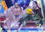  2boys abs alternate_costume bara barefoot clothes_down crocodile_(one_piece) facial_hair full_body green_kimono holding holding_smoking_pipe hook_hand japanese_clothes kimono large_pectorals male_focus mature_male medium_sideburns multiple_boys muscular muscular_male nipples one_piece outstretched_leg pectorals poolside scar scar_on_face scar_on_forehead short_hair sideburns_stubble sideways_glance smirk smoker_(one_piece) smoking_pipe sparse_stubble stitches stubble tsurime white_hair wol_1014 yaoi 