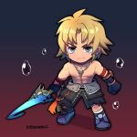  1boy air_bubble black_gloves blonde_hair blue_eyes blue_footwear bubble chain_necklace chibi earrings final_fantasy final_fantasy_x gloves gradient_background holding holding_sword holding_weapon jewelry kotorai male_focus navel necklace no_nose pectorals short_hair signature smile solo sword tidus topless_male weapon 