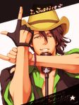  bad_id bad_pixiv_id bracelet brown_eyes brown_hair cowboy facial_hair fingerless_gloves gloves hat jewelry kaburagi_t_kotetsu male_focus microphone microphone_stand pointing solo stubble tiger_&amp;_bunny tsukamushippo vest western 