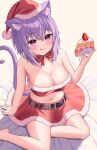  1girl absurdres ahoge animal_ear_fluff animal_ears blush bow breasts cake cake_slice cat_ears cat_girl cat_tail christmas closed_mouth food fur-trimmed_headwear fur-trimmed_skirt fur_trim hair_between_eyes hat highres holding holding_food hololive kumoru_(kumoru_145) large_breasts looking_at_viewer navel nekomata_okayu purple_eyes purple_hair red_bow santa_costume santa_hat short_hair sitting skirt smile solo tail tongue tongue_out virtual_youtuber 