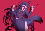  1girl :d absurdres ahoge black_hair black_shirt braid chottong-gyogeub_jjimging danganronpa_(series) danganronpa_another_episode:_ultra_despair_girls genocider_shou glasses hair_ornament hairclip hands_up highres holding holding_scissors long_hair long_tongue neckerchief pleated_skirt red_background red_eyes red_neckerchief school_uniform scissors serafuku shirt simple_background skirt smile teeth tongue tongue_out twin_braids upper_teeth_only 