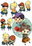  &gt;_&lt; 2boys alternate_color backpack bag baseball_cap blonde_hair blue_shorts blush_stickers brown_bag brown_shorts burger character_print checkered_clothes checkered_shirt food french_fries full_body green_bag grey_hair hat hitofutarai lucas_(mother_3) male_focus masked_man_(mother_3) mother_(game) mother_2 mother_3 multiple_boys ness_(mother_2) open_mouth player_2 purple_headwear red_headwear red_shorts running shirt shorts sideways_hat smile solid_oval_eyes squatting striped_clothes striped_shirt super_smash_bros. white_background 