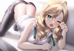  1girl ahoge ass blonde_hair blush breasts commentary_request green_eyes hair_between_eyes highres large_breasts long_hair looking_at_viewer neit_ni_sei one_eye_closed open_mouth original panties pants saliva shirt sleeveless sleeveless_shirt solo thong underwear white_shirt 