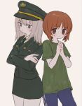  2girls back-to-back black_necktie blue_eyes blue_pants brown_eyes brown_hair closed_mouth commentary cowboy_shot crossed_arms dress_shirt frown girls_und_panzer green_headwear green_jacket green_shirt green_skirt grey_hair hat itsumi_erika jacket japan_self-defense_force long_sleeves looking_at_viewer medium_hair military military_hat military_uniform miniskirt multiple_girls necktie nishizumi_miho own_hands_together pants peaked_cap pencil_skirt ri_(qrcode) shirt short_hair short_sleeves side-by-side simple_background skirt sweatdrop t-shirt track_pants uniform white_background white_shirt wing_collar 