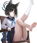  1girl absurdres animal_ears ass black_eyes black_hair black_sailor_collar black_skirt blue_archive blue_halo blue_neckerchief blush cat_ears cat_tail chair closed_mouth commentary gugu0v0 halo highres kikyou_(blue_archive) long_sleeves looking_at_viewer multiple_tails neckerchief panties pleated_skirt sailor_collar school_uniform serafuku short_hair simple_background single_sock skirt socks soles solo tail toes twitter_username two_tails underwear white_background white_panties white_socks 