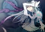  breasts capelet chain dress gradient_hair green_hair grey_hair hat impossible_clothes impossible_dress katayama_kei long_hair medium_breasts mima moon multicolored_hair red_eyes solo touhou touhou_(pc-98) wings wizard_hat 