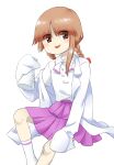  1girl braid brown_eyes brown_hair closed_mouth coat collared_shirt erlenmeyer_flask eyes_visible_through_hair flask flat_chest lab_coat long_hair nonamejd official_style open_clothes open_coat parted_bangs pink_skirt pleated_skirt rika_(touhou) shirt short_sleeves simple_background single_horizontal_stripe skirt sleeves_past_fingers sleeves_past_wrists smile socks solo touhou touhou_(pc-98) twin_braids white_background white_coat white_shirt white_socks zun_(style) 