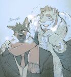  2boys animal_ears another_eidos-r bara barlitz_(another_eidos) black_coat black_shirt blush closed_eyes coat commentary_request condensation corca_(another_eidos) dog_boy dog_ears facing_another fur-trimmed_jacket fur_trim furry furry_male fuyodo hand_on_another&#039;s_shoulder jacket looking_at_another multiple_boys necktie orange_scarf pawpads scarf shirt signature sweatdrop sweater tiger_boy tiger_ears tiger_stripes upper_body vest yellow_sweater 