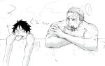  ... 2boys absurdres bathtub facial_hair greyscale highres looking_at_another male_focus mature_male medium_sideburns monkey_d._luffy monochrome multiple_boys nude one_piece same-sex_bathing scar scar_on_face scar_on_forehead shared_bathing short_hair sideburns_stubble smoker_(one_piece) sparse_stubble stitches stubble toned toned_male tongue tongue_out tsurime upper_body wet white_hair yamakazi47 yaoi 