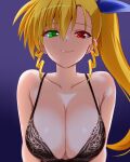  1girl black_bra blonde_hair blue_background blush bra breasts cleavage closed_mouth collarbone engo_(aquawatery) hair_ribbon heterochromia highres large_breasts long_hair looking_at_viewer lyrical_nanoha mahou_shoujo_lyrical_nanoha_strikers ribbon side_ponytail simple_background smile solo underwear upper_body vivio 