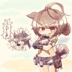  2girls agnes_tachyon_(lunatic_lab)_(umamusume) agnes_tachyon_(umamusume) ahoge animal_ears belt_pouch bikini black_bikini black_gloves black_hair blue_shorts breasts brown_eyes brown_hair canister cleavage commentary_request creature deformed esukevi eyes_visible_through_hair fang flask gloves green_jacket hair_over_one_eye holding holding_creature horse_ears horse_girl huge_ahoge jacket kii-kun_(agnes_tachyon)_(umamusume) long_hair mandrake manhattan_cafe_(tobasuze_hot_summer!)_(umamusume) manhattan_cafe_(umamusume) micro_shorts midriff multiple_girls navel official_alternate_costume official_alternate_hairstyle open_clothes open_shorts pouch round-bottom_flask short_ponytail shorts skin_fang speech_bubble swimsuit tied_jacket translated triangle_mouth umamusume v-shaped_eyebrows yellow_eyes 