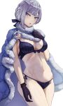  1girl akershus_fortress_(oshiro_project) badge bikini black_gloves blue_cape blue_cloak blue_eyes braid breasts cape cleavage cloak fluff fur-trimmed_cape fur-trimmed_cloak fur_trim gloves grey_hair highres looking_at_viewer minyom navel oshiro_project:re padded_cloak ribbon side-tie_bikini_bottom solo string_bikini striped_bikini striped_clothes striped_ribbon swimsuit thighs 