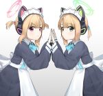  2girls absurdres animal_ear_headphones animal_ears apron black_dress blonde_hair blue_archive blush closed_mouth dress fake_animal_ears fingernails green_eyes green_halo halo headphones highres lakudaken long_sleeves looking_at_viewer maid maid_apron maid_headdress midori_(blue_archive) midori_(maid)_(blue_archive) momoi_(blue_archive) momoi_(maid)_(blue_archive) multiple_girls pink_halo puffy_long_sleeves puffy_sleeves red_eyes short_hair siblings sisters smile twins white_apron 