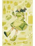  1girl :d alcremie apron black_hair blush buttons chef_hat closed_eyes commentary_request dawn_(palentine&#039;s_2021)_(pokemon) dawn_(pokemon) dress floating_hair green_dress hat highres holding holding_whisk long_hair loose_socks official_alternate_costume omyo_(myomyomyo22) open_mouth oven_mitts pillarboxed pokemon pokemon_(creature) pokemon_masters_ex shoes short_sleeves sidelocks signature smile socks teeth upper_teeth_only whisk 