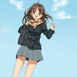  brown_hair copyright_request day highres long_hair open_mouth piyodera_mucha simple_background skirt sky smile solo 