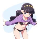  1girl bikini black_bikini black_hair blue_eyes blush breasts crop_top delicious_party_precure highres himokawa_udon hood hoodie kasai_amane leaning_forward long_hair looking_at_viewer navel precure purple_hoodie side-tie_bikini_bottom small_breasts smile solo swimsuit tiara 