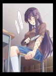  1girl blood breasts chair classroom closed_eyes commentary cuts cutting desk doki_doki_literature_club hair_ornament hairclip highres holding holding_knife indoors injury knife large_breasts long_hair open_mouth purple_hair school_desk school_uniform self-harm sitting skirt socks solo sweat symbol-only_commentary very_long_hair white_socks wrist_cutting x3_xy3_(jtsu4377) yuri_(doki_doki_literature_club) 