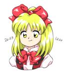  1girl 2023 blonde_hair bow bowtie closed_mouth dated gengetsu_(touhou) hair_bow looking_at_viewer medium_hair nonamejd official_style red_bow red_bowtie simple_background smile solo touhou touhou_(pc-98) upper_body white_background yellow_eyes zun_(style) 