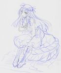  bare_shoulders boots breasts cleavage cross-laced_footwear dress food fruit hat hinanawi_tenshi kasuga_yukihito knee_boots lace-up_boots long_hair medium_breasts monochrome peach sitting sketch solo touhou traditional_media 